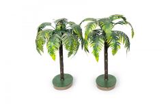 Pair of Vintage Asian Green Tole Bonsai Palm Tree Sculptures - 4409040