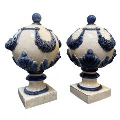 Pair of Vintage Blue White Majolica Pottery Finials - 4003045