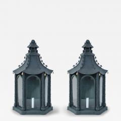 Pair of Vintage Chinese Metal and Glass Bell Adorned Pagoda Shaped Wall Sconces - 4196036
