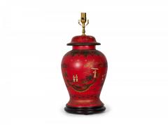 Pair of Vintage Chinese Red and Gold Hand Painted Tole Ginger Jar Table Lamps - 4170828