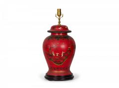 Pair of Vintage Chinese Red and Gold Hand Painted Tole Ginger Jar Table Lamps - 4170830