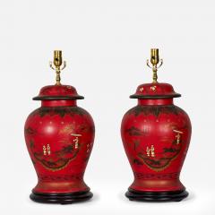 Pair of Vintage Chinese Red and Gold Hand Painted Tole Ginger Jar Table Lamps - 4193762