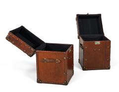 Pair of Vintage Cognac Leather Campaign Steamer Trunk Storage Side Tables - 4793142