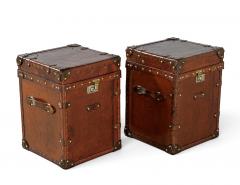 Pair of Vintage Cognac Leather Campaign Steamer Trunk Storage Side Tables - 4793143