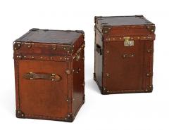 Pair of Vintage Cognac Leather Campaign Steamer Trunk Storage Side Tables - 4793144