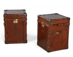 Pair of Vintage Cognac Leather Campaign Steamer Trunk Storage Side Tables - 4793146