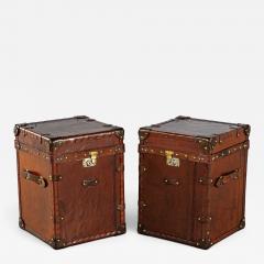 Pair of Vintage Cognac Leather Campaign Steamer Trunk Storage Side Tables - 4793176