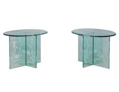 Pair of Vintage Floral Etched Glass Oval End Tables - 2674324