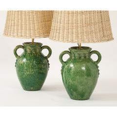 Pair of Vintage Green Ceramic Lamps with Handmade Wicker Shades France - 4272390