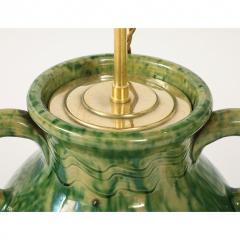 Pair of Vintage Green Ceramic Lamps with Handmade Wicker Shades France - 4272393