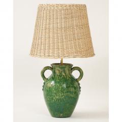 Pair of Vintage Green Ceramic Lamps with Handmade Wicker Shades France - 4272403