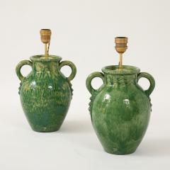 Pair of Vintage Green Ceramic Lamps with Handmade Wicker Shades France - 4272415