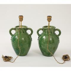 Pair of Vintage Green Ceramic Lamps with Handmade Wicker Shades France - 4272425