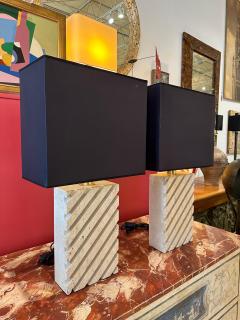Pair of Vintage Italian Channel Carved Travertine Table Lamps - 4637111