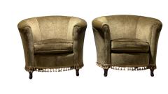 Pair of Vintage Library Barrel Chairs in Dark Green Fabric - 4657226