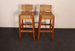 Pair of Vintage Mexican Modern Pine and Woven Palm Bar Stools by Muebles Austin - 4517812