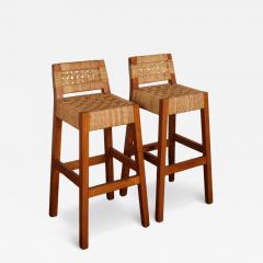 Pair of Vintage Mexican Modern Pine and Woven Palm Bar Stools by Muebles Austin - 4520569