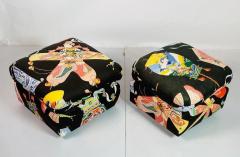 Pair of Vintage Ottomans Poufs Upholstered in Asian Print Fabric - 3319410