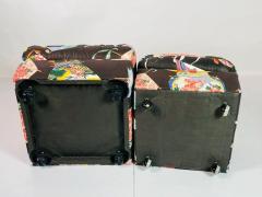 Pair of Vintage Ottomans Poufs Upholstered in Asian Print Fabric - 3319414