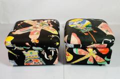 Pair of Vintage Ottomans Poufs Upholstered in Asian Print Fabric - 3319422