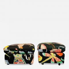 Pair of Vintage Ottomans Poufs Upholstered in Asian Print Fabric - 3323136