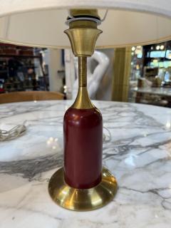 Pair of Vintage Red Brass Table Lamps with Linen Shades - 4607669
