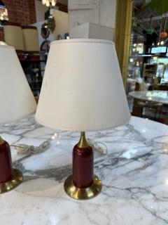 Pair of Vintage Red Brass Table Lamps with Linen Shades - 4607671