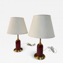Pair of Vintage Red Brass Table Lamps with Linen Shades - 4607822