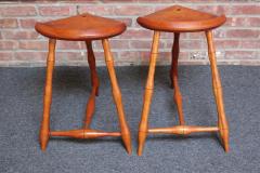 Pair of Vintage Studio Craft Windsor Style Three Legged Low Stools in Cherrywood - 3371180