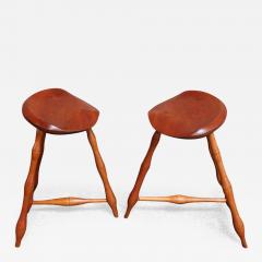 Pair of Vintage Studio Craft Windsor Style Three Legged Low Stools in Cherrywood - 3373522