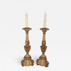Pair of Vintage Venetian Italian Parcel Gilt Wood Candlestick Lamps - 1722074