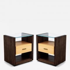 Pair of Walnut and Oak Large Glass Top Nightstand End Tables - 4426984