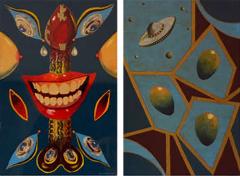 Pair of Whimsical Surrealist Oil On Panel Paintings in Shadow Boxes - 924924