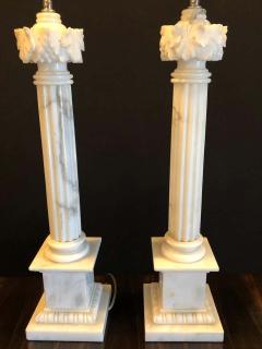 Pair of White and Grey Veined Column Marble Table Lamps with Custom Shades - 1265628