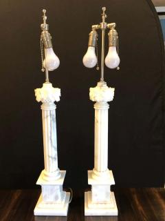 Pair of White and Grey Veined Column Marble Table Lamps with Custom Shades - 1265629