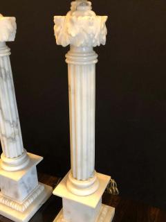 Pair of White and Grey Veined Column Marble Table Lamps with Custom Shades - 1265631