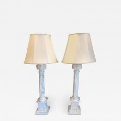 Pair of White and Grey Veined Column Marble Table Lamps with Custom Shades - 1266278