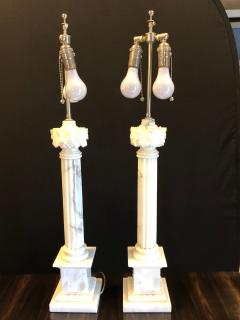 Pair of White and Grey Veined Column Marble Table Lamps with Custom Shades - 2938861