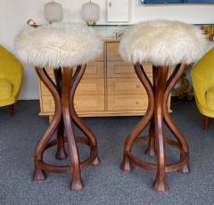 Pair of Wood and Sheepskin Bar Stools Italy 1970s - 2849336