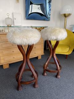 Pair of Wood and Sheepskin Bar Stools Italy 1970s - 2849339