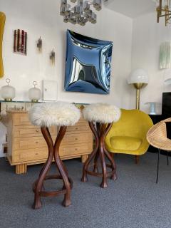 Pair of Wood and Sheepskin Bar Stools Italy 1970s - 2849343