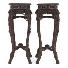 Pair of antique Chinese hardwood and veined marble stands - 1626926