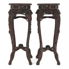 Pair of antique Chinese hardwood and veined marble stands - 1626926