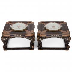 Pair of antique Chinese lacquered low tables with porcelain warming plates - 3517111