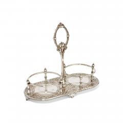Pair of antique English cut glass decanters with silver plated stand - 4198761