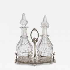 Pair of antique English cut glass decanters with silver plated stand - 4199762