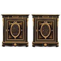 Pair of antique French ebonised wood ormolu bronze and marquetry cabinets - 4175831