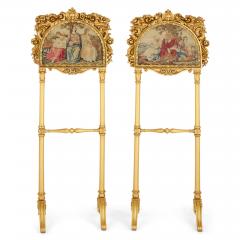 Pair of antique embroidered carved giltwood fire screens - 4584935