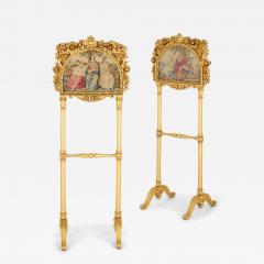 Pair of antique embroidered carved giltwood fire screens - 4585030