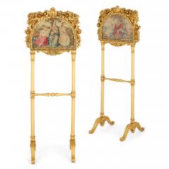 Pair of antique embroidered carved giltwood fire screens - 4585039